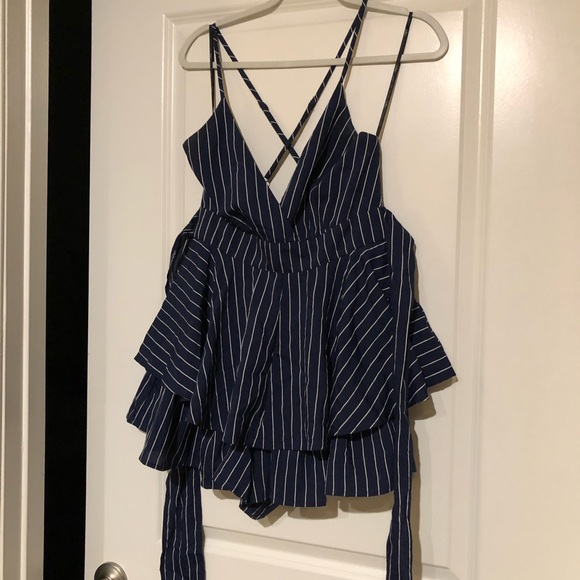 Lulu’s Ruffle and Flow Navy Blue Striped Backless Ruffle Romper - Picture 6 of 10